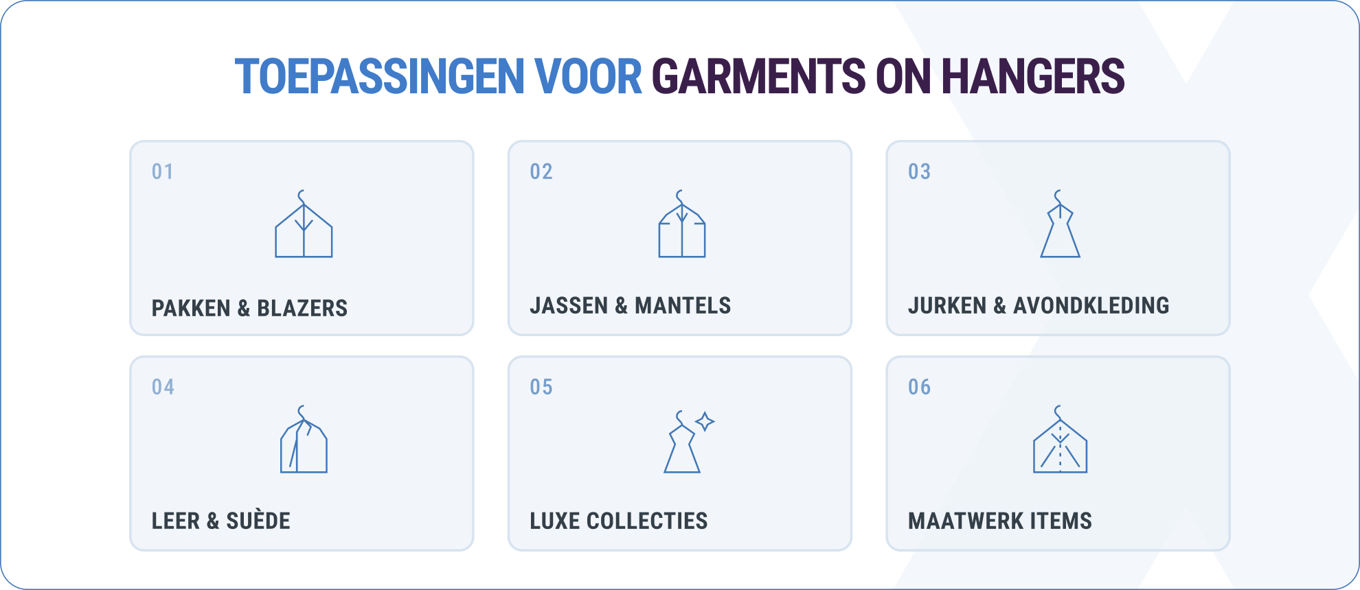Garments on Hangers toepassingen — GOH transport voor premium fashion Toepassingen van garments on hangers: suits en blazers, jassen en jacks, jurken en avondkleding, leer en suède, luxe collecties en tailored items